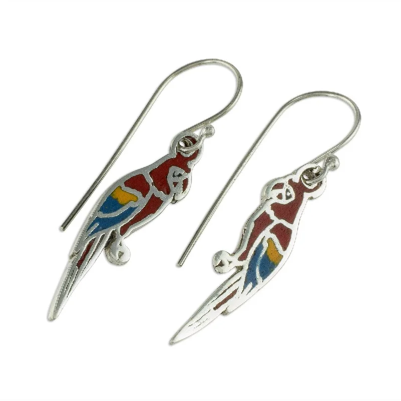 Scallop pearl earrings-NOVICA Scarlet Macaws, Enameled sterling silver earrings - 1.7*0.3