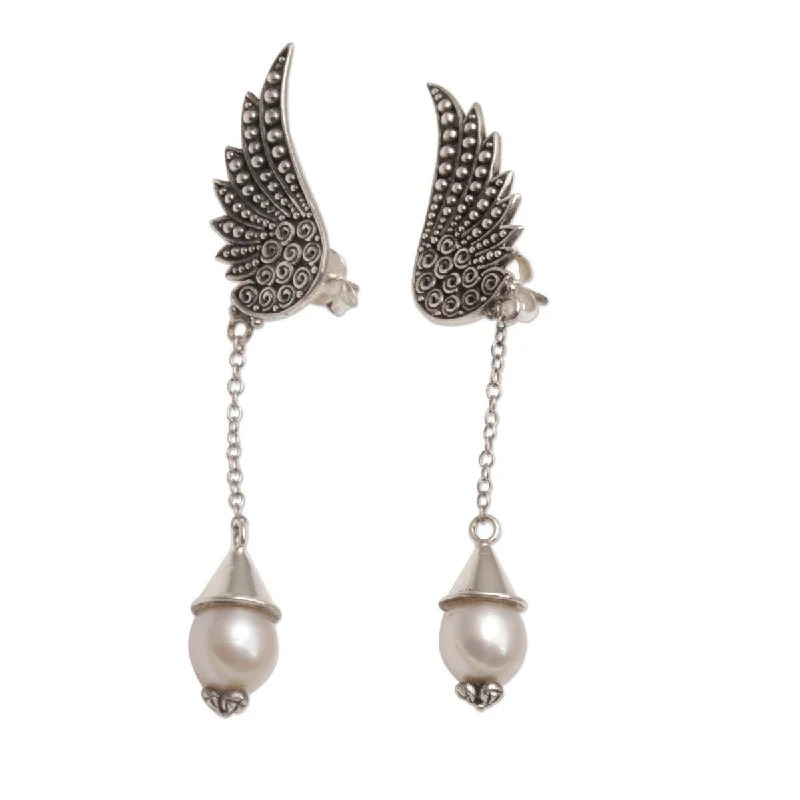 Oak husk earrings-NOVICA Wings of Divinity, Cultured pearl dangle earrings - 2.4*0.5