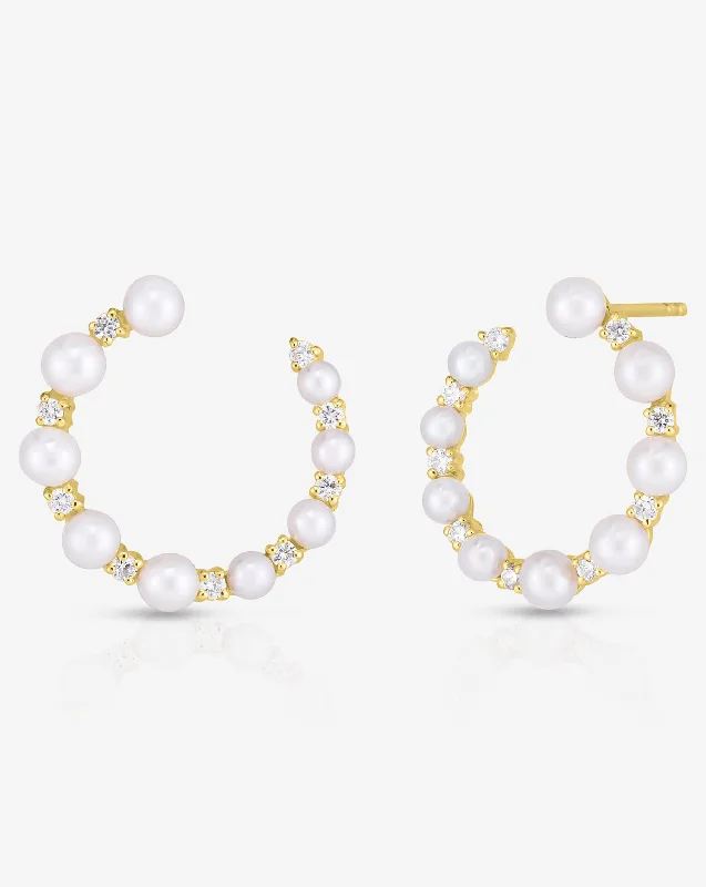 Wavy hoop earrings-Pearl + Diamond Circle Studs