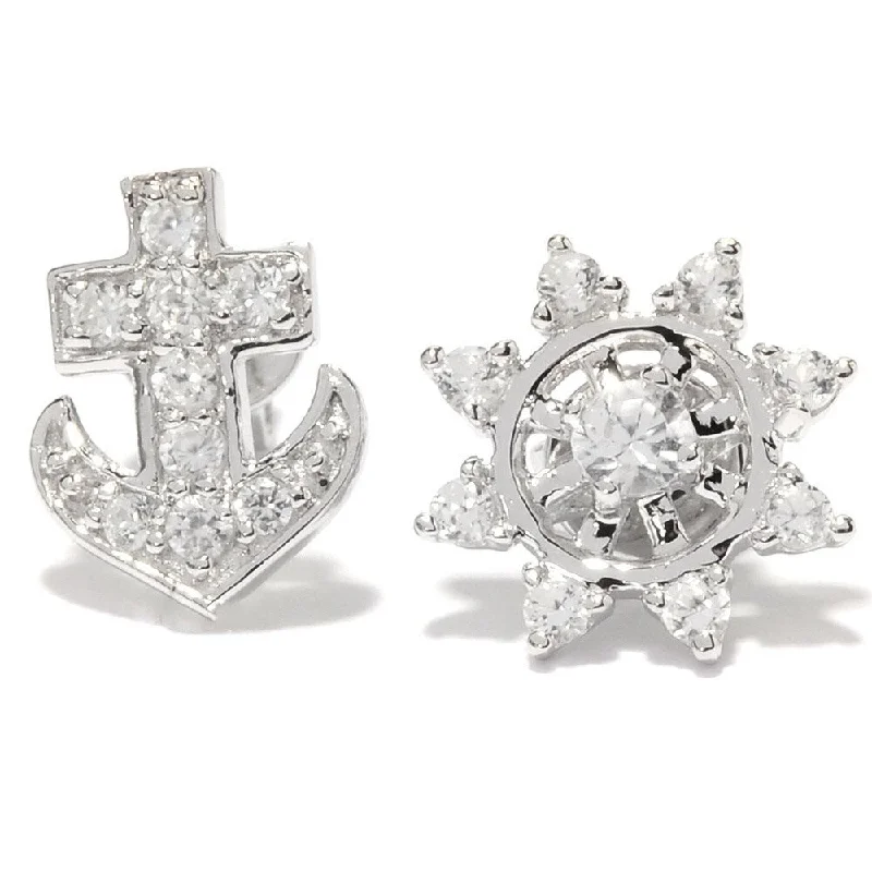 Muted check earrings-Platinum Over Silver White Zircon Anchor and Nautical Wheel Stud Earrings