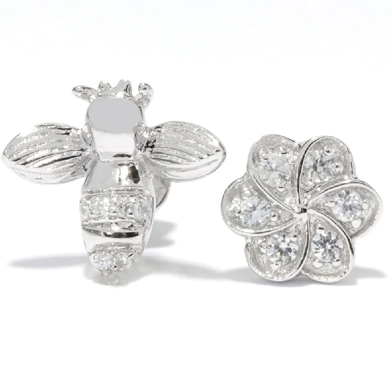 Willow wrap earrings-Platinum overSilver White Zircon Flower and Bee Stud Earrings