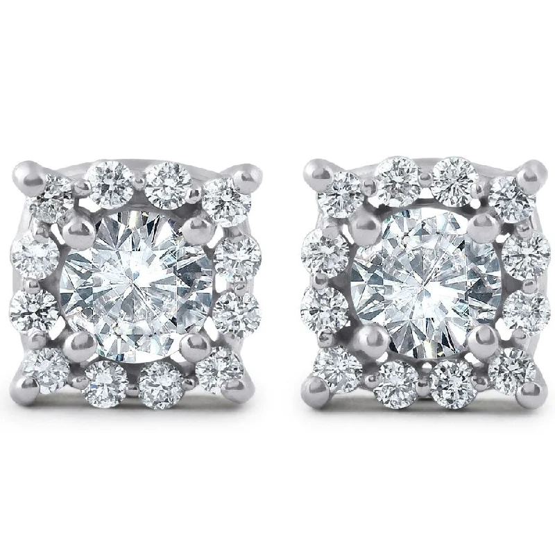 Inset groove earrings-Pompeii3 14k White Gold 1 3/8ct TDW Cushion Shape Diamond Halo Studs