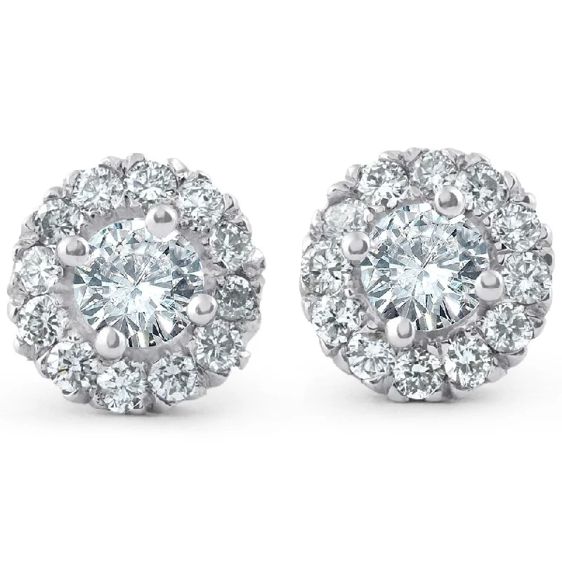 Lattice grid earrings-Pompeii3 14k White Gold 5/8ct TDW Cushion Shape Diamond Pave Button Halo Studs