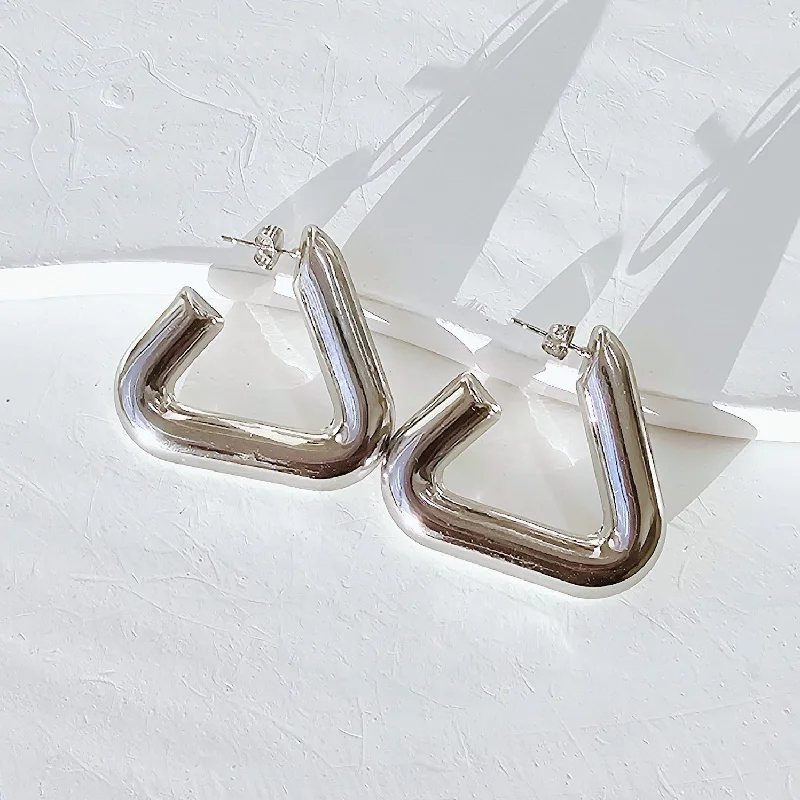 Pointed rim earrings-Silver Statement Triangle Hoops