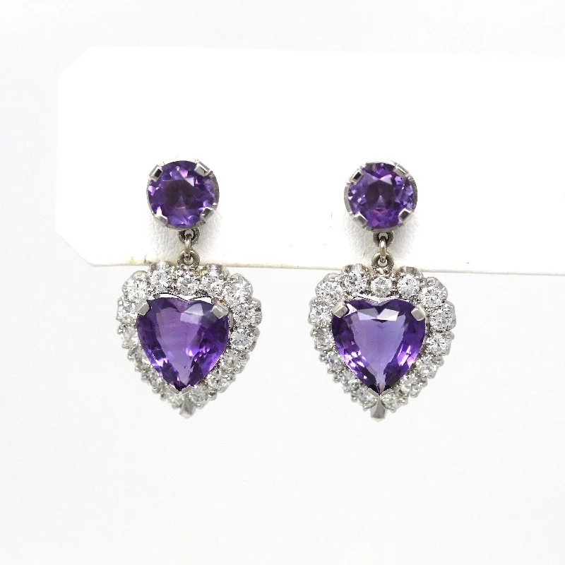 Moor grass earrings-Sale - Statement Heart Earrings - Estate 14k White Gold 7 CTW Genuine Amethyst Gems & 1.20 CTW Diamond - Modern 2000s Halo Design Jewelry