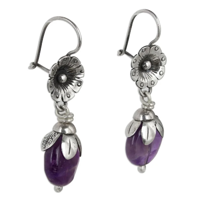 Inset groove earrings-Sterling Silver 'Budding Amethyst' Amethyst Earrings - 1.6*0.5