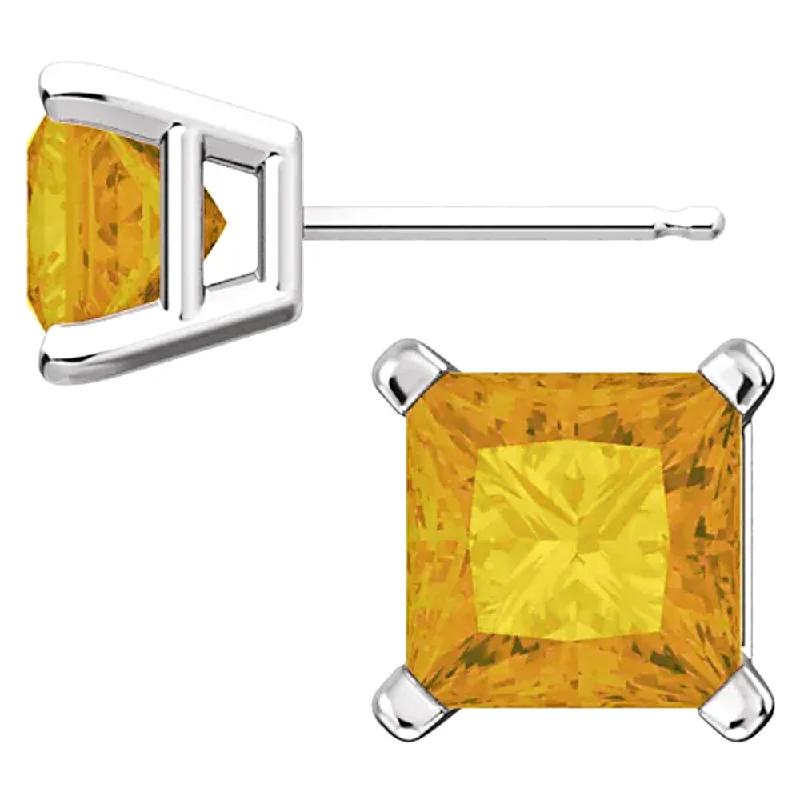 Copper hoop earrings-Sterling Silver Princess Cut Citrine Ice CZ Basket Set Stud Earrings