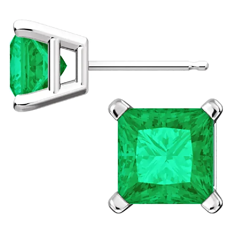 Nature print earrings-Sterling Silver Princess Cut Emerald Ice CZ Basket Set Stud Earrings