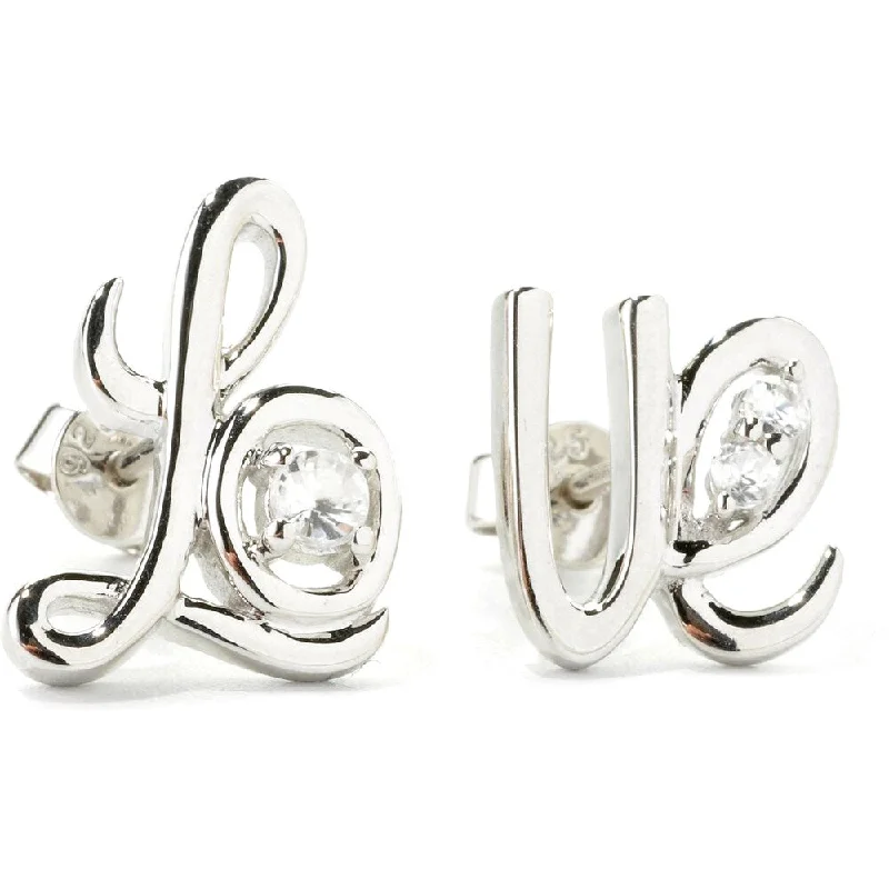 Raised layer earrings-Sterling Silver White Zircon Cursive 'Love' Stud Earrings