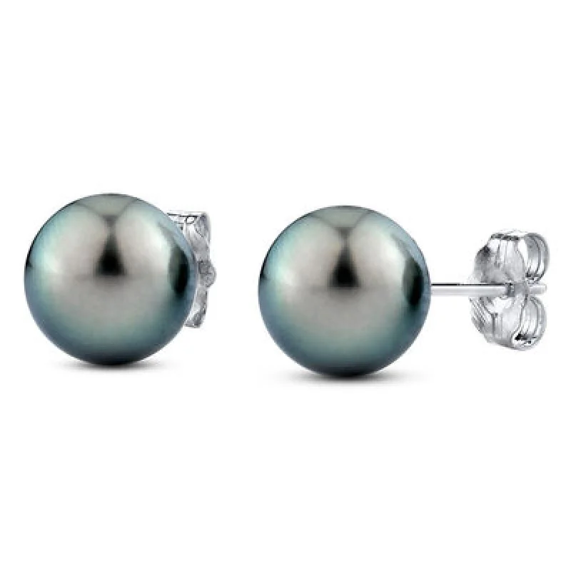 Root stem earrings-11mm Tahitian Cultured Pearl Stud Earrings in 14K White Gold