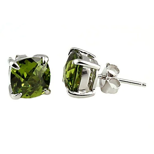 Fossil fragment earrings-Teanna: 6.5ct, 8mm Cushion Cut Peridot Crystal Stud Earrings Silver