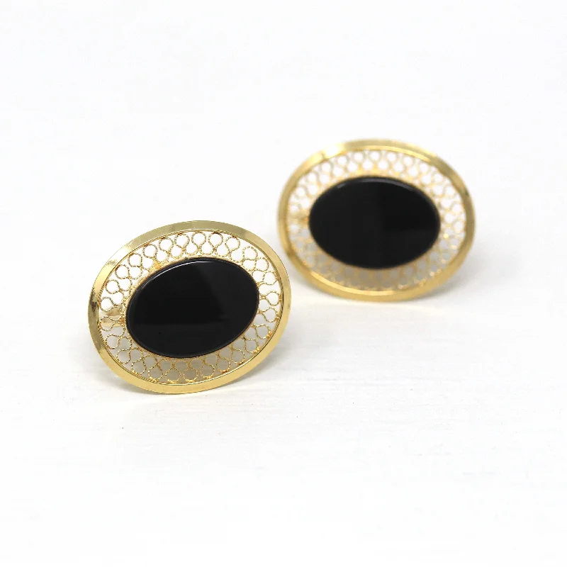 Vine curl earrings-Sale - Vintage Onyx Earrings - Retro 12k Gold Filled Oval Genuine Black Gems Screw Backs - Circa 1940s Fashion Accessory Danecraft Jewelry