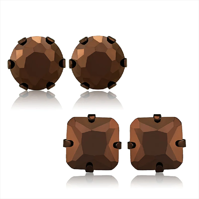 Maple wood earrings-Vivian: Brown Ice CZ Square and Round Two Set Earrings 316 Stainless Steel